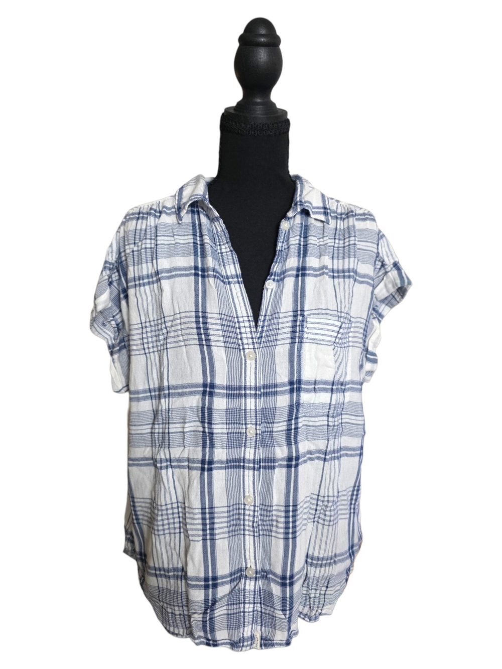American Eagle Outfitters Blue and White Plaid Short-Sleeve Button-Down
